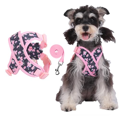 YYKSYDPT 犬用ハーネスとリードセット メッシュ裏地 かわいいカラープリント X字型で首を締め付けない 小型犬と中型犬の毎日の散歩に最適 (ピンク, XS)