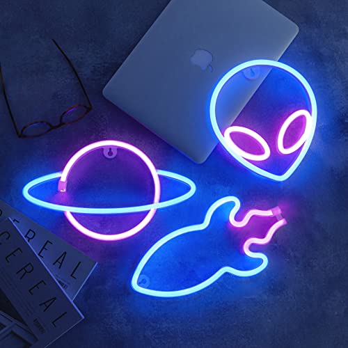 NELUX Pack de 3 Planeta, Alien y Cohete - Luces de Neón LED para Pared de Habitación o Bar, Cartel Luminoso Decorar Dormitorio Adolescentes, Fiestas o Navidad. Conexión USB o Pilas.