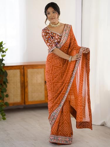 Image of Satrani Women's Georgette Bandhani Printed Sequin Embroidery Saree with Unstitched Blouse Piece