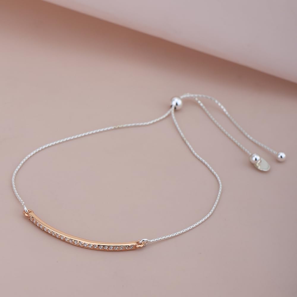 Vanbelle Sterling Silver Jewelry - Rose Gold and Silver Plated with 925 Stamp - Cubic Zirconia Stones Studded Bar Adjustable Bolo Bracelet for Women - Image 8