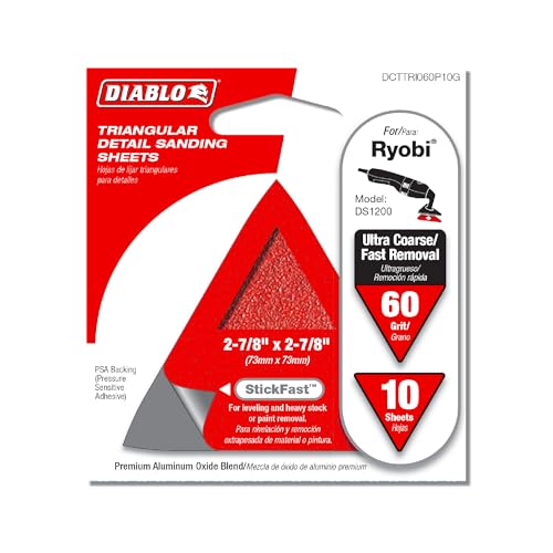 Image of Diablo StickFast Triangular Detail Sanding Sheets for Wood, Metal and Plastics - 2-7 /8 inch x 2-7 /8 inch, 60 Grit, Coarse, Aluminum Oxide Blend, 10-Pack - DCTTRI060P10G