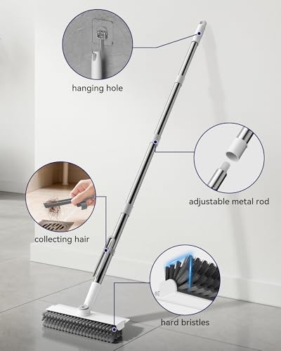 Image of Small Floor Scrub Brush with Length Adjustable Long Handle, 3 in 1 Heavy-Duty Stiff Bristle Scrubber Brush with Squeegee and Tweezer for Cleaning Bathroom, Tile, Deck, Patio, Garage and Kitchen