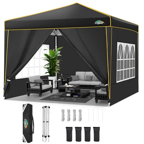 COBIZI Pavillon 3x3m Faltpavillon Wasserdicht Stabil Winterfest Partyzelt Faltbar Pop Up Pavillon mit 4 Seitenwänden und 4 Sandsäcken UV-Schutz 50+ Gartenpavillon für Strand Hochzeit Camping, Schwarz