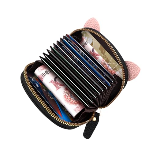 Cute Credit Card Holder Wallets for Women Large Storage Space Accordion Zipper Card Case Holder (Black Pink)4