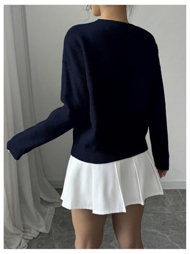 Image of RoseSeek Women's 3D Floral Appliques Crewneck Sweaters Long Sleeve Drop Shoulder Pullovers Elegant Knit Tops