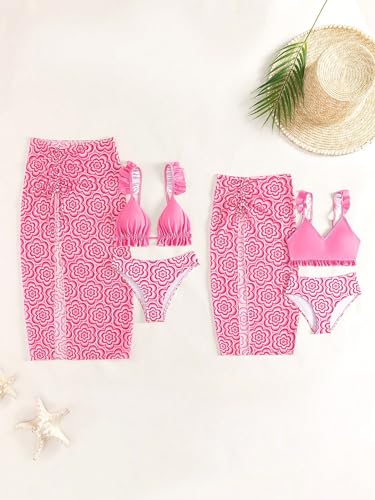 Image of WDIRARA Girl's 3 Piece Swimsuits Boho Floral Print Ruffle Trim Bikini Set with Split Beach Skirt