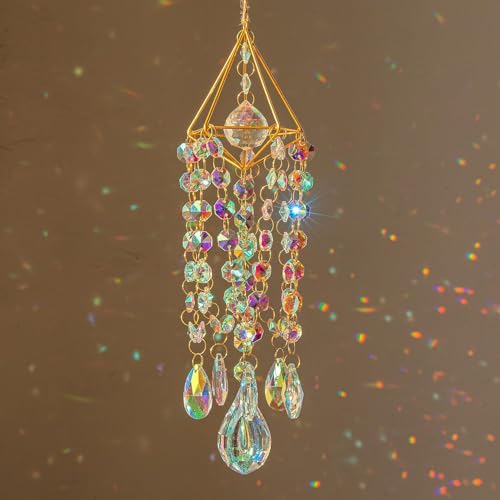 Renborn Crystal Suncatchers for Window Hanging Wind Chime Style Garden Sun Catchers with Crystals Rainbow Maker Indoor Outdoor Decor Handmade Gold Plated
