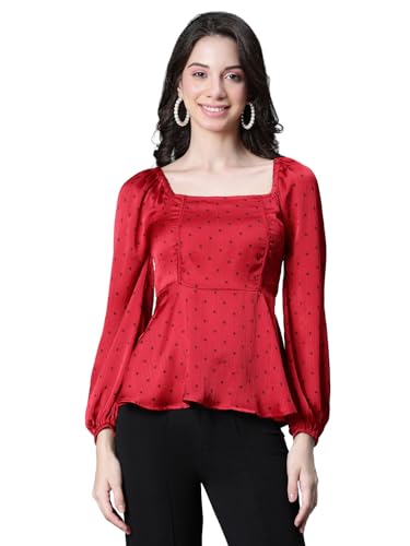 Image of Women Solid Round Neck Elasticated Polka Print Long Sleeve Top