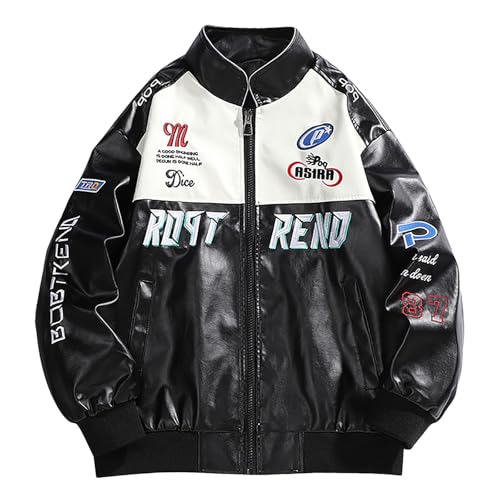 Caxndycing Men's Bomber Jacket College Jacket Oversized Patchwork Printed Jacket 90S Vintage Racing Jacket Sweat Jacket Baseball Coat Long Sleeve Sweat Jacket Outwear with Pockets Transition Jacket,