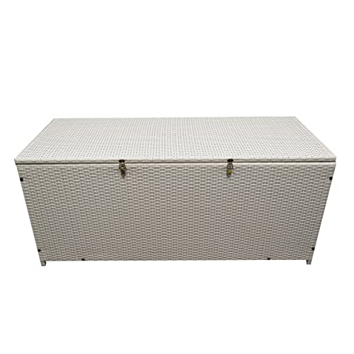 Image of Oakland Living White Indoor and Outdoor Balcony Patio Deck Porch Pool 113 Gallon Wicker Storage Box Trunk Bin with Metal Frame