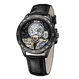 SURVAN WatchDesigner Orologio Automatico Uomo Scheletro Cielo Stellato, Meccanico Carica Automatica Quadrante Terra Fasi Lunari Cinturino Pelle, Resistente Acqua 30M, Idea Regalo Uomo