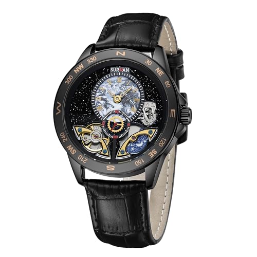 SURVAN WatchDesigner Automatic Mechanical Watches for Men Leather Strap Skeleton Starry Sky Dial Watch Self Winding Business Men's Dress Wrist Watch Water Resistant, No Battery Needed(Black)