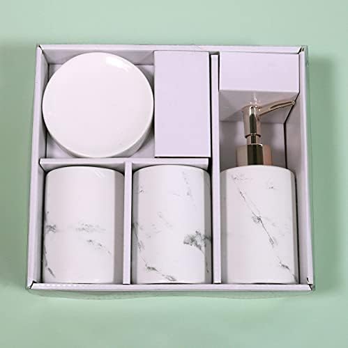 G Decor Designer 4-Piece Cream-White and Rose Gold Marble Ceramic Bathroom Accessory, Includes Liquid Soap or Lotion Dispenser, Toothbrush Holder, Tumbler, Soap Dish