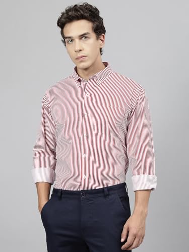 Image of Hancock Standard Slim Fit Striped Button-Down Collar Pure Cotton Casual Shirt(9607White-Red)