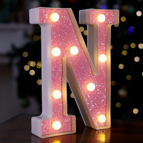 Image of LED Letter Lights Pink Glitter Marquee Letters Light Up Alphabet Letters Sign Battery Powered for Home Party Decoration Night Bar Wedding Birthday Christmas Lamp Girls Gift - Letter N
