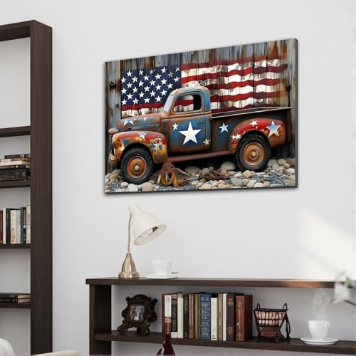 Image of Framed Rustic American Flag Vintage Truck Wall Art, Patriotic Farmhouse Canvas Art Pictures, Distressed USA Wall Decor for Garage Man Cave Living Room, Ready to Hang Made in USA