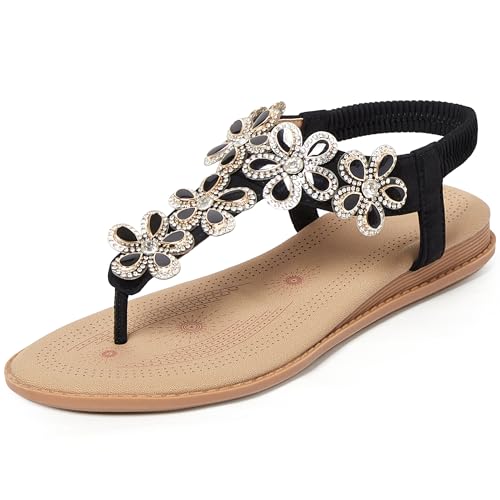 Image of iCKER Women Flat Thong Sandals Rhinestone Sparkly Boho Elastic Ankle Strap | Non‑slip,Matches Summer Dresses,for Vacation,Wedding,Evening and Festival