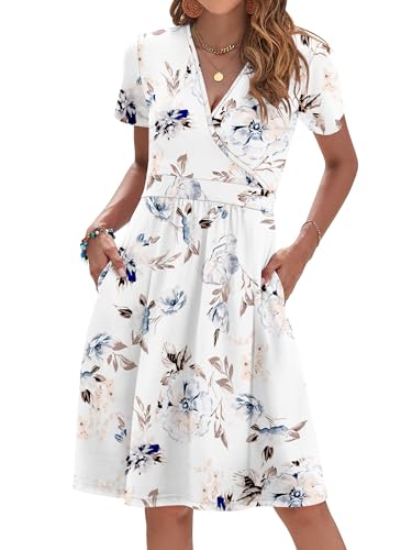 AUSELILY Wedding Guest Dress Floral Knee Length Short Sleeve A-Line V Neck Elegant Dress, Floral White XL
