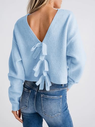 Image of Saodimallsu Womens Bow Sweater Cropped V Neck Long Sleeve Pullover Tops