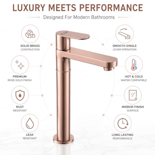 Image of ZAP Ocean Series 11-Inch Tall Brass Pillar Cock, Rose Gold Wash Basin Tap for Bathroom Sink and Vanity, Single Lever Hot or Cold Water Faucet, Rust and Leak Resistant