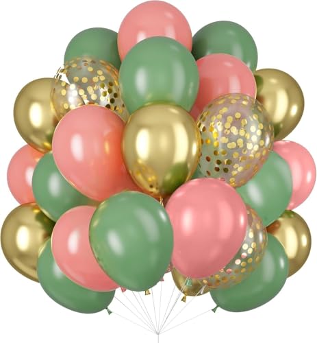 Image of Green Pink Balloons 12inch 60pcs Sage Green Dusty Pink Balloons for Jungle Birthday Party Decorations Metallic Gold Confetti Helium Latex Balloon Bridal Shower Wedding Wildflower Baby in Bloom