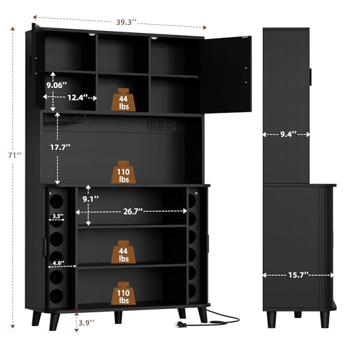Image of Lulive 71 inch Tall Pantry Cabinet with Rolling & Sliding Doors, 39 inch Wide Kitchen Storage Cabinet with Charging Station and Open Countertop, Modern Kitchen Pantry Cabinet for Dining Room, Black