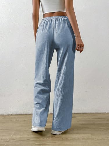 Image of TOPLOT Women's Linen Blend Wide Leg Palazzo Pants | Elastic Drawstring Waist Trousers for Woman | Relaxed Fit Casual Lounge Trousers | Breathable Straight Leg Everyday Bottom Wear (5268)