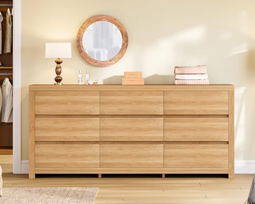 Image of TEENFON 63 inch Dresser for Bedroom with 9 Drawers, Modern Dressers & Chests of Drawers with Metal Handles, Wooden Dresser TV Stand, Bedroom Dressers, for Bedroom, Hallway, Natural