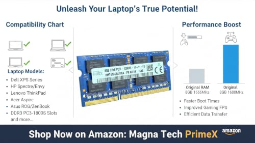 Image of 8GB DDR3L Laptop RAM for SK hynix 1600MHz PC3L-12800S 204-Pin SO-DIMM 1.35v Non ECC,Unbuffered Notebook Memory Module Upgrade - HMT41GS6AFR8A-PB
