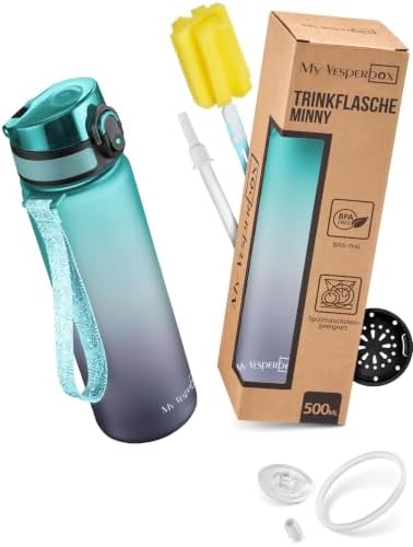 My Vesperbox Minny Trinkflasche Kinder 750 ml, auslaufsicher, für Schule | Grau/Blau, für Kohlensäure geeignet, Pop-up-Strohhalm, Fruchtsieb, Tritan, 1-Klick-Deckel, für Schule und