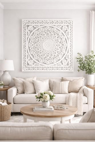 Image of Wall panel Floral MDF Wall Decoration Panel, Hanging Wood Carving Wall Decoration Panel for Living Room, Bedroom, Hallway, Office Wooden Wall Hanging Plaque, Wood Carving (Square White)