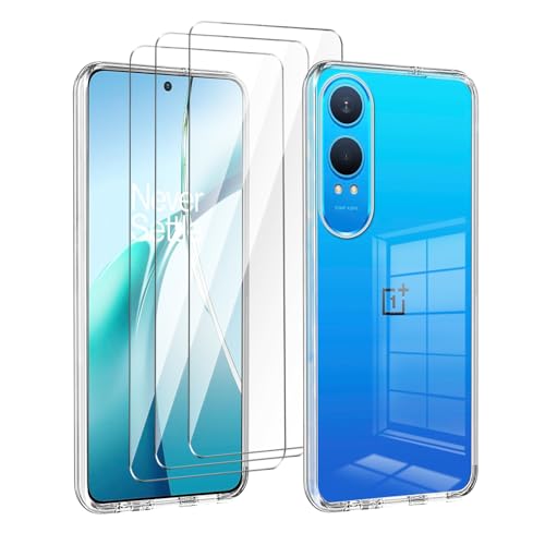 LYZXMY Funda para OnePlus Nord CE4 Lite 5G(6.67') Transparente Carcasa +3 Protectores de Pantalla de Vidrio Templado, Carcasa Suave de Silicona TPU