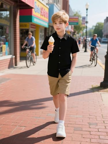 Image of uideazone Size 13-14 Boys Black Suit Shirts Kids Button Down Dress Shirts Short Sleeve Uniform Blouse Tops for Family Gatherings School Activities Party