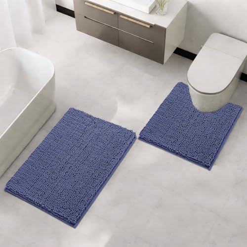 Image of LUXEHOME International Microfibre Chenille Contour Bath Mat Set for Bathroom, Anti Slip Super Absorbent Quick Dry Washable Bathroom Mats, Solid (Navy 40x60cm & 47x47cm) Pack of 2