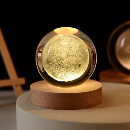 eumqestoer 3D Galaxy Crystal Ball Night Light | Dimmable Engraved LED Glass Ball Table Lamp with USB and Wooden Base for Home Decor, Office, Birthday Gift & Kids Bedroom (Moon)