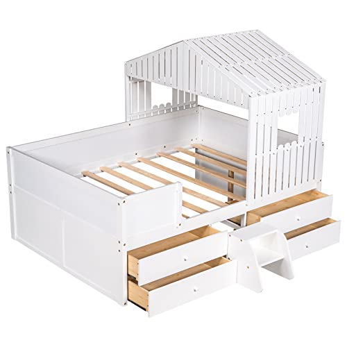 Full House Beds With Storage Drawers For Kids Montessori Bed Wood Playhouse Tent Bed Frame With 4 Drawers And Ladder For Children Girls Boys Teens Junior, Full Size, White #TOP4