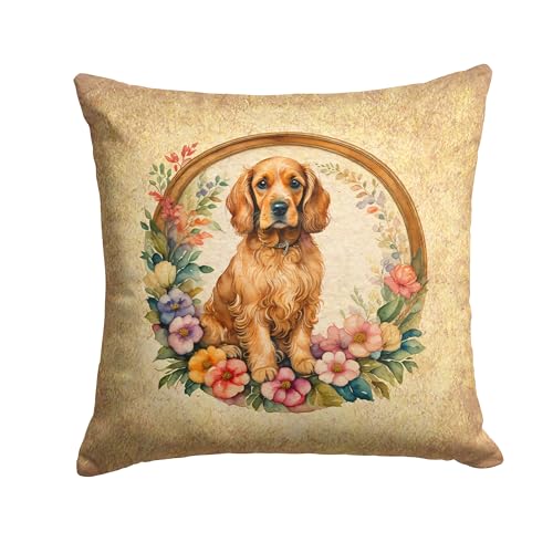 Caroline's Treasures DAC2121PW1414 Cocker Spaniel and Flowers Fabric Decorative Pillow Machine Washable, Indoor Outdoor Decorative Pillow for Couch, Bed or Patio, 14Hx14W