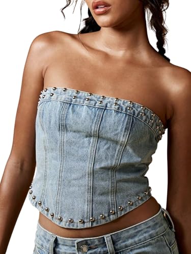 MakeMeChic Women's Studded Denim Tube Top Lace Up Strapless Summer Y2K Bandeau Shirt