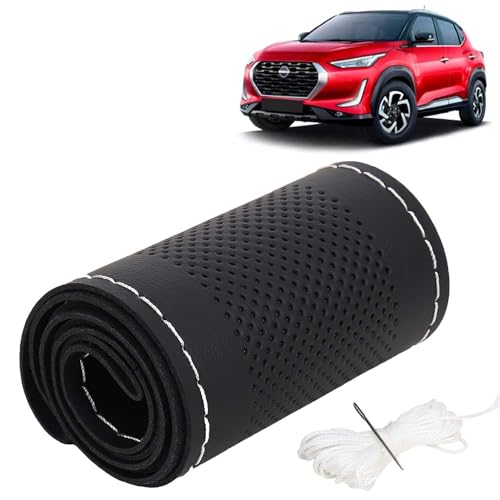 Image of KINGSWAY PU Leatherite Car Steering Cover Sewable Compatible with Nissan Magnite (Year 2020 Onwards), Black Color with Silver Thread, Pack of 1 with Sewing Needle and Thread