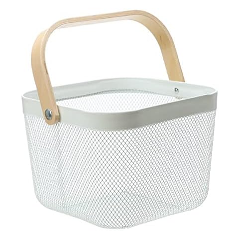 Ymeibe Mesh Steel Storage Organizer Basket Fruit Basket Bin with Wood Handle Ideal for Kitchen Bathroom Picnic Pantry Cabinets Storage Home Decor (White) Cover