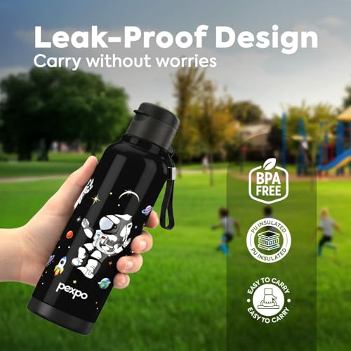 Image of Go24 pexpo Sonnet 900 PU Insulated Stainless Steel Water Bottle for Kids - 680ml | Flip-Top Cap | Leakproof & BPA Free| Carry Strap | for School, Sports, Travel, Picnic, Outdoor - Black Astronaut