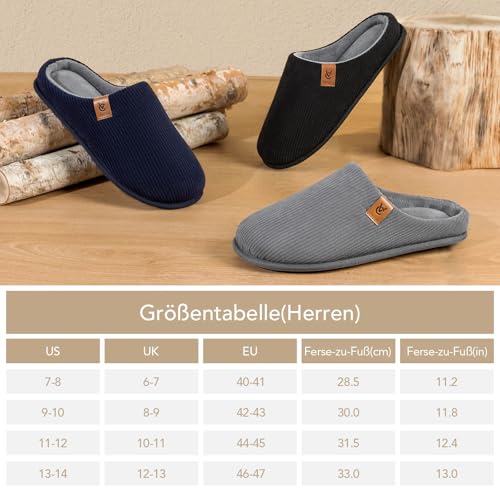 VeraCosy Herren Cord Pantoffeln gemütlich Anti-Rutsch-Gedächtnisschaum Hausschuhe mit Koralle Fleece-Futter Dunkles Schwarz,42-43 EU