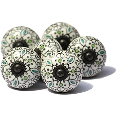 owlKraft Set of 6 Green Moroccan Antique Ceramic Knobs | Modern Drawer Knobs | Trendy Cabinet Door Knobs | Simple Hardware for Kitchen, Bathroom Cabinets & Dressers Cover