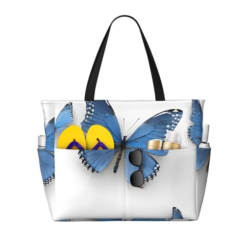 (Blue Butterfly On Blossom Flower) Large Beach Tote Bag for Women Waterproof Sandproof Travel Shoulder Bag with Pocket for Pool Vacation Weekend Gym
