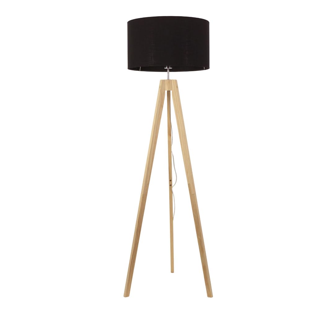 Natural Wood Tripod Floor Lamp - Jackson - Fabric Shade - Black Shade - Contemporary Style