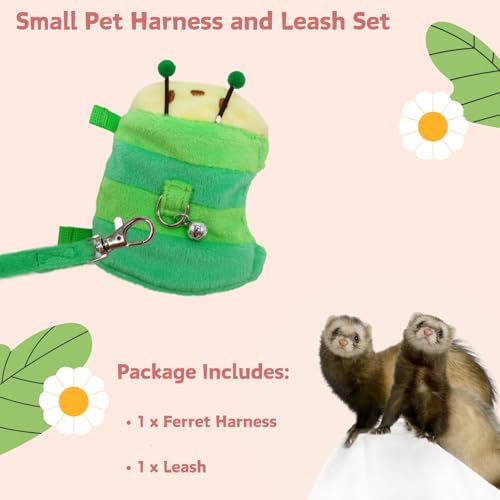 Image of Ferret Harness and Leash Set - Small Animal Soft Fleece Vest with Safe Bell Halloween Outfit Adjustable Traction Rope Outdoor Walking Training Leash for Ferret Rat Bearded Dragon Kitten (Green)