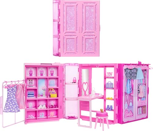 Barbie Dream Closet Spielzeug Spielset & Aufbewahrung mit Kleidung & Zubehör, 91 cm breit mit 25+ Teilen, enthält 4 komplette Mode-Looks