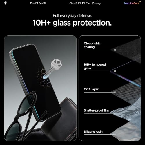 Image of Spigen GlasTR EZ FIT Pro Privacy Screen Protector for Pixel 11 Pro XL | AluminaCore, Aluminum-enhanced 10H+ tempered glass, Privacy Filter, auto-align tray, Original touch, Case-friendly, 2Pack