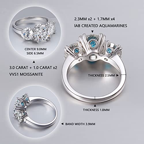 CannyCat Three Stone Moissanite Engagement Rings for Women 5 cttw Moissanite Wedding Anniversary Ring Center 3.0 ct with Side 1.0 ct D-color VVS Certified Moissanite Platinum-Plated Silver Wide Band2
