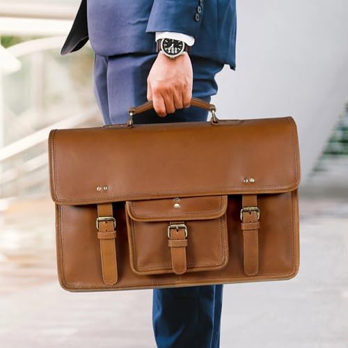 18-Inch Premium Leather Messenger Bag for Men & Women - Leather Laptop Bag, Crossbaody Bag, Handbag, Shoulder Bag, Travel Bag (Unisex Messenger Light Brown)4